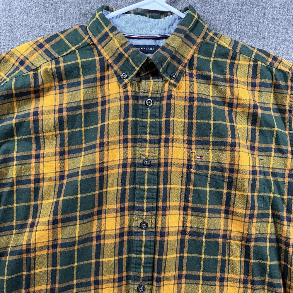 Tommy Hilfiger Shirt Mens XL Green Yellow Plaid Flannel Button Down Long Sleeve